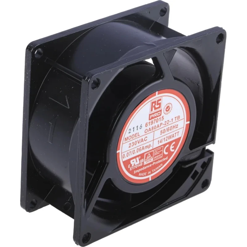 RS PRO AC Dual Bearing Axial Fan 230V AC 12W 51 m³/h 3000 RPM IP44 Square Frame 80 mm 38 mm IP44