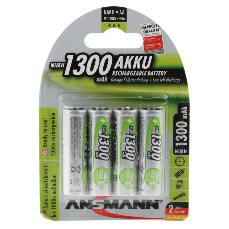 Ansmann Rechargeable AA Nickel Metal Hydride Battery 1.3 Ah Capacity 1.2 V Nominal Voltage Pack of 4 5030792