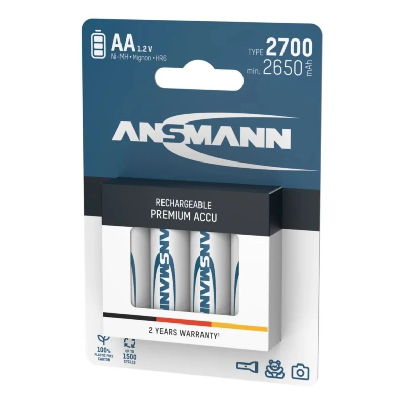 Ansmann Nickel Metal Hydride Rechargeable AA Battery 1.2 V 2.7 Ah Pack of 4 5030842