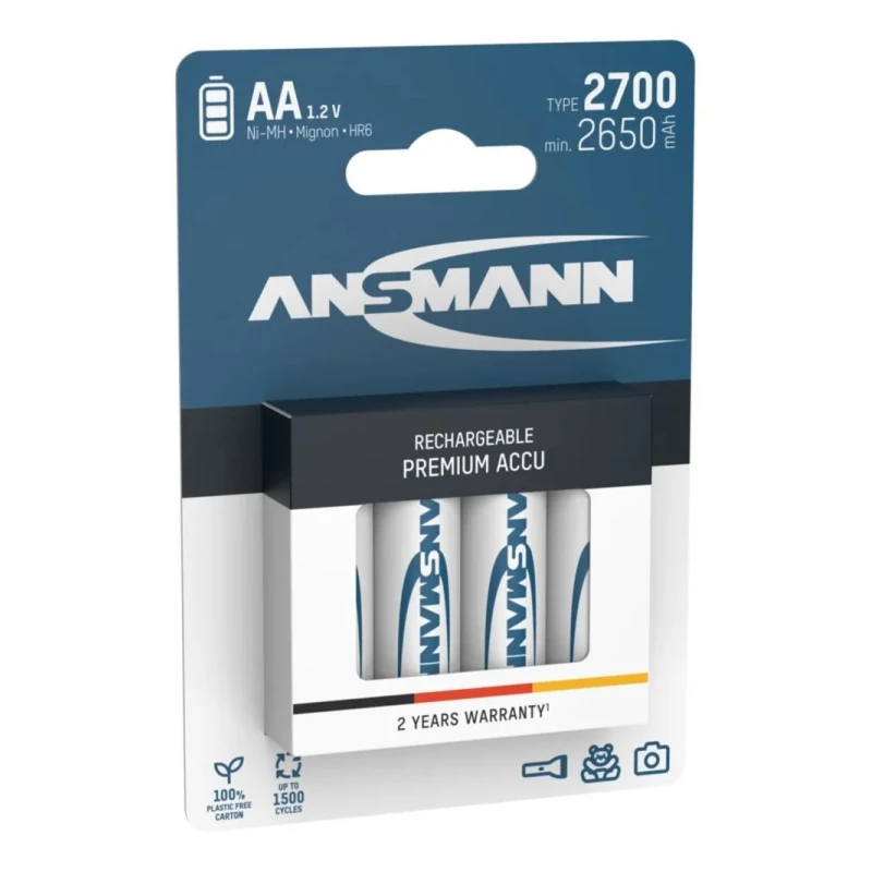 Ansmann Nickel Metal Hydride Rechargeable AA Battery 1.2 V 2.7 Ah Pack of 4 5030842