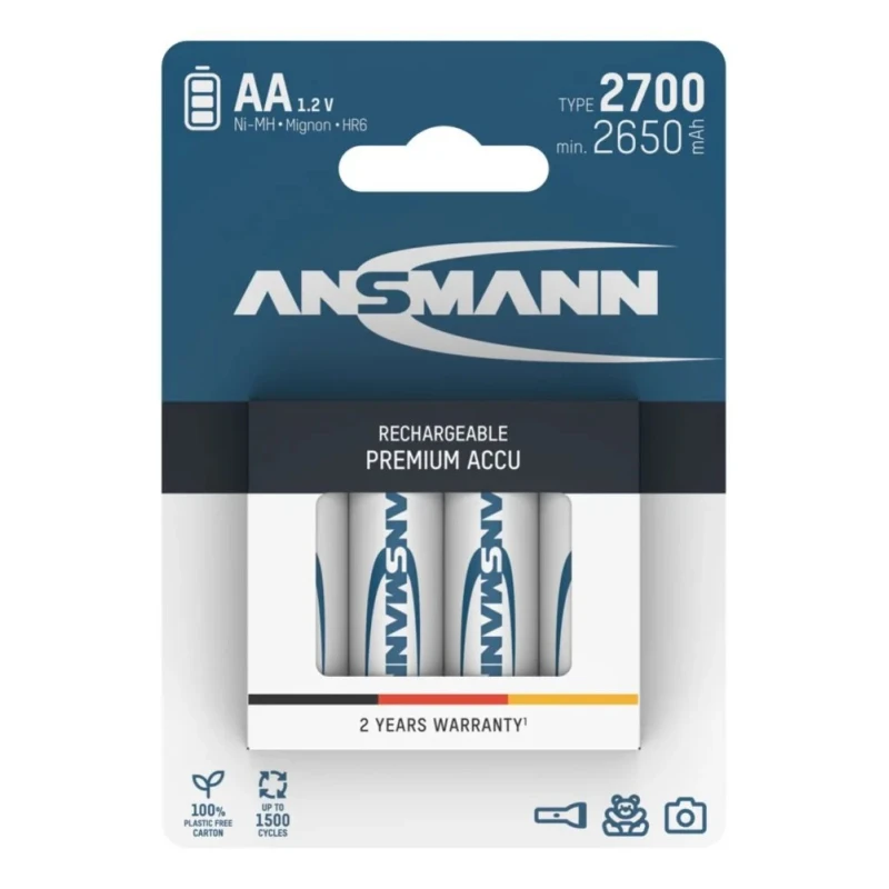 Ansmann Nickel Metal Hydride Rechargeable AA Battery 1.2 V 2.7 Ah Pack of 4 5030842