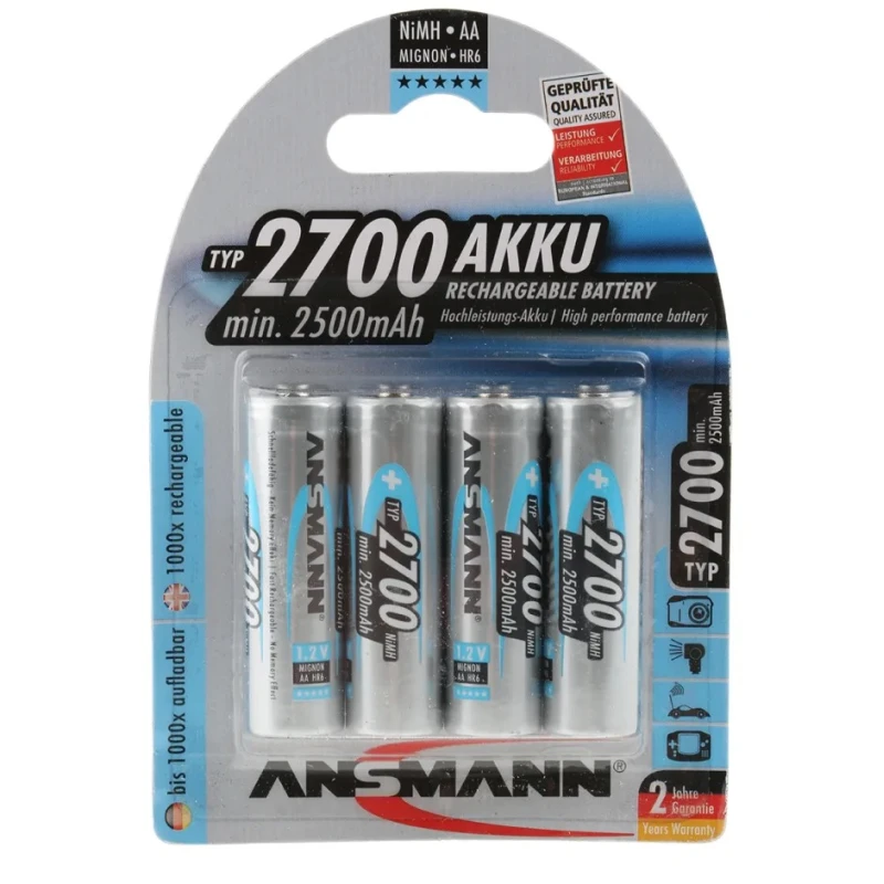 Ansmann Nickel Metal Hydride Rechargeable AA Battery 1.2 V 2.7 Ah Pack of 4 5030842