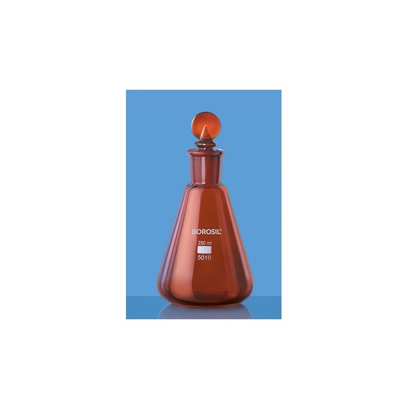 borosil-erlenmeyer-conical-flask-narrow-mouth-with-i-c-joint-glass-stopper-amber-25-ml-5019009-41059