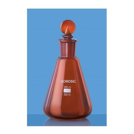 borosil-erlenmeyer-conical-flask-narrow-mouth-with-i-c-joint-glass-stopper-amber-25-ml-5019009-41059