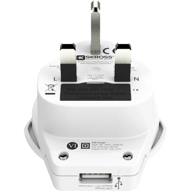 SKROSS Travel Adapter World UK, 13A, 250V USB Charging Port SKR-0087RS