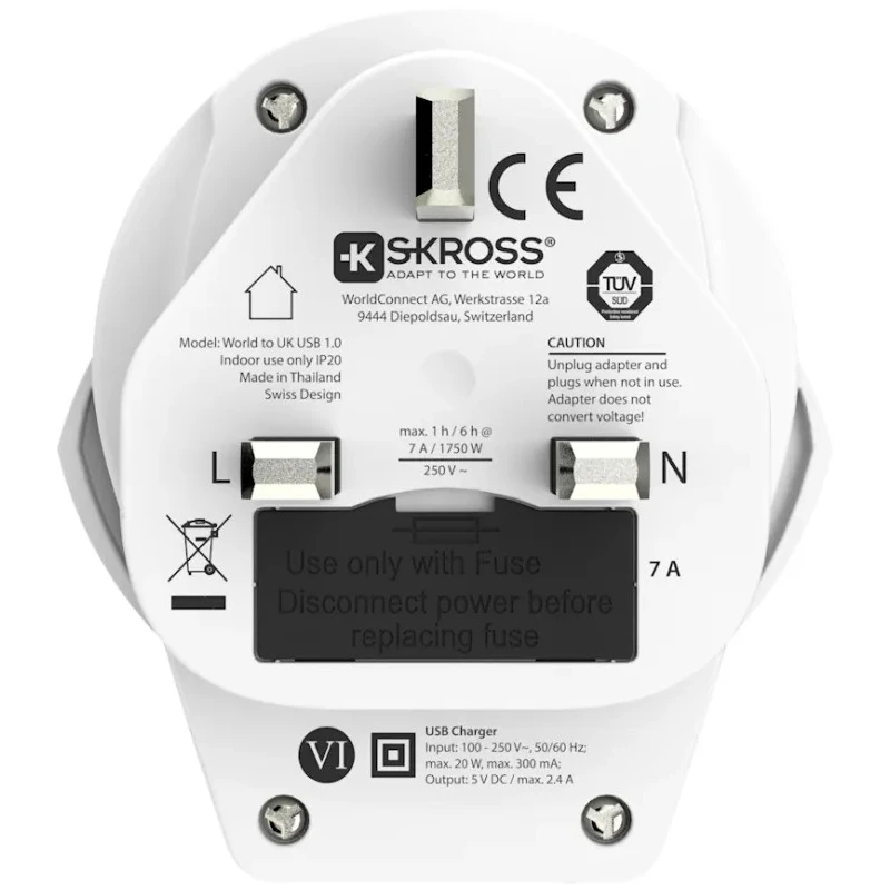 SKROSS Travel Adapter World UK, 13A, 250V USB Charging Port SKR-0087RS