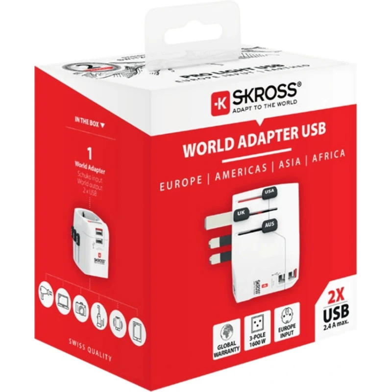 SKROSS Travel Adapter & Converter 6.3A 250V Euro Type F Schuko Plug Retractable Plugs SKR-0085RS