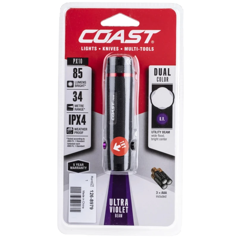 Coast UV LED Torch Black 59 lm, Aluminium Housing, 3x AAA Batteries, 101 mm PX10