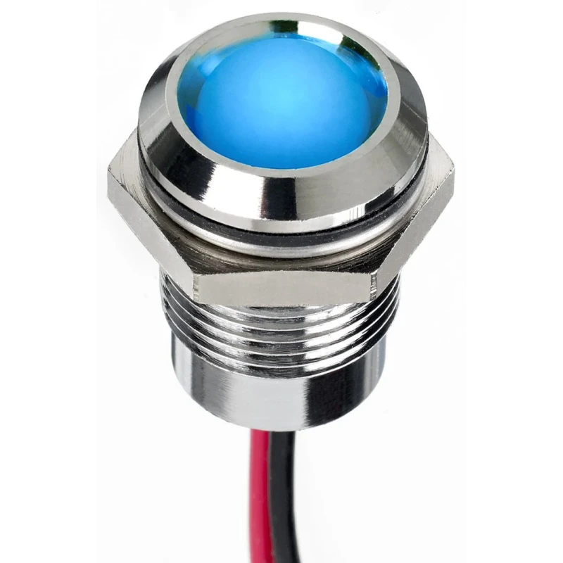 RS PRO Blue Panel Mount Indicator 24V DC 20mA Lead Wire Termination IP67 Silver Bezel Prominent 130-1087