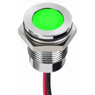 RS PRO Green Panel Mount Indicator 1.8V dc, 3.3V dc, 20mA, Lead Wire Termination, IP67, Flush Bezel, 14mm Mount Hole 130-1096