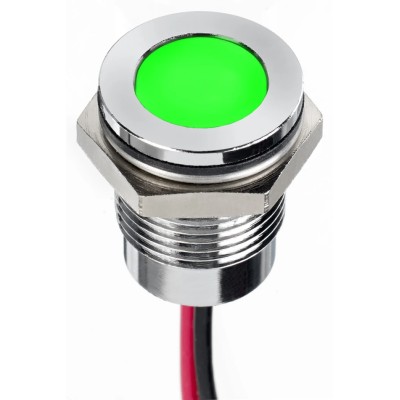 RS PRO Green Panel Mount Indicator 1.8V dc, 3.3V dc, 20mA, Lead Wire Termination, IP67, Flush Bezel, 14mm Mount Hole 130-1096