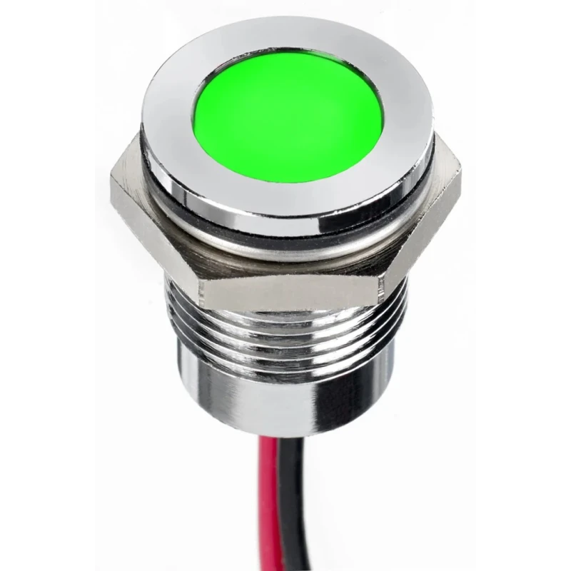 RS PRO Green Panel Mount Indicator 1.8V dc, 3.3V dc, 20mA, Lead Wire Termination, IP67, Flush Bezel, 14mm Mount Hole 130-1096