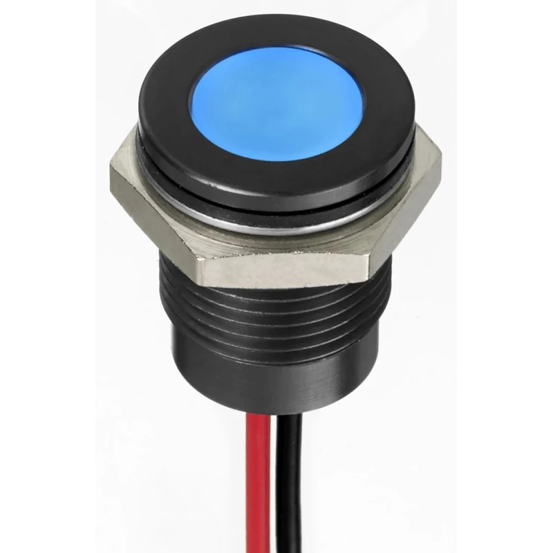 RS PRO Blue Panel Mount Indicator Flush Bezel IP67 Lead Wire Termination 1.8V dc 3.3V dc 20mA 14mm Mount Hole 130-2290