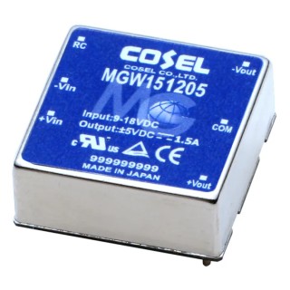 Cosel MGW DC/DC Converter, 5V DC and -5V DC Output, 1.5 A, 12V DC Input, 9V Minimum Input, 15W Power, PCB Mount MGW151205-R