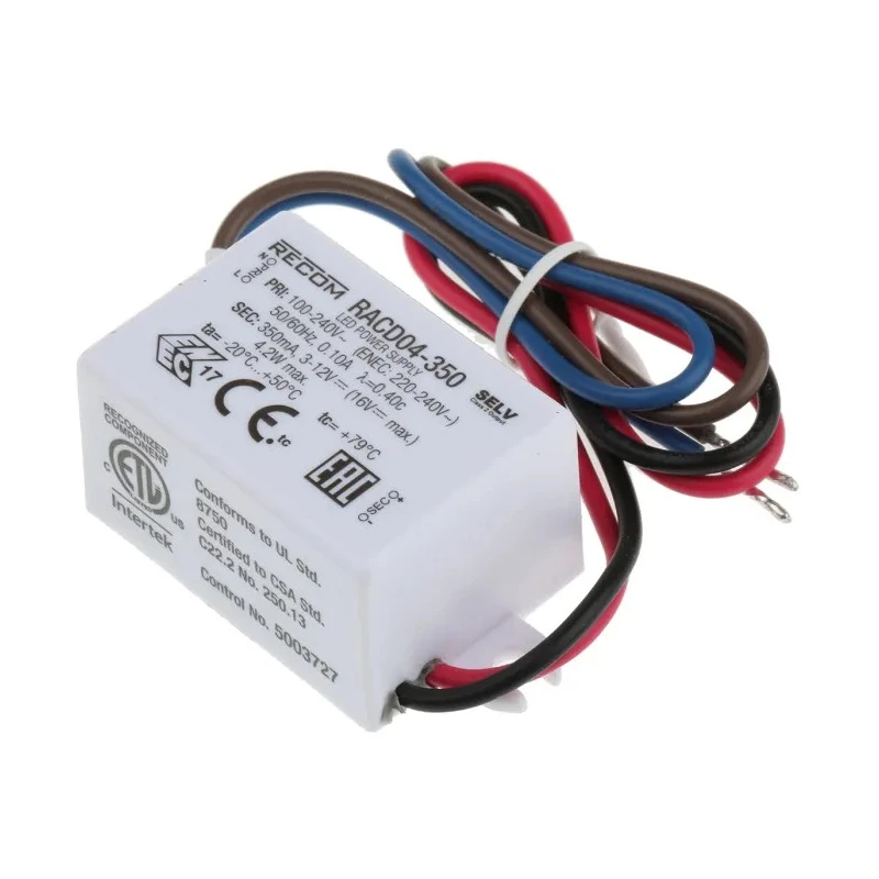 Recom IP65 Enclosed Single Output LED Driver, AC-DC 264V AC Input, 3-12V DC Output, 4.2W Power, 350mA Current RACD04-350
