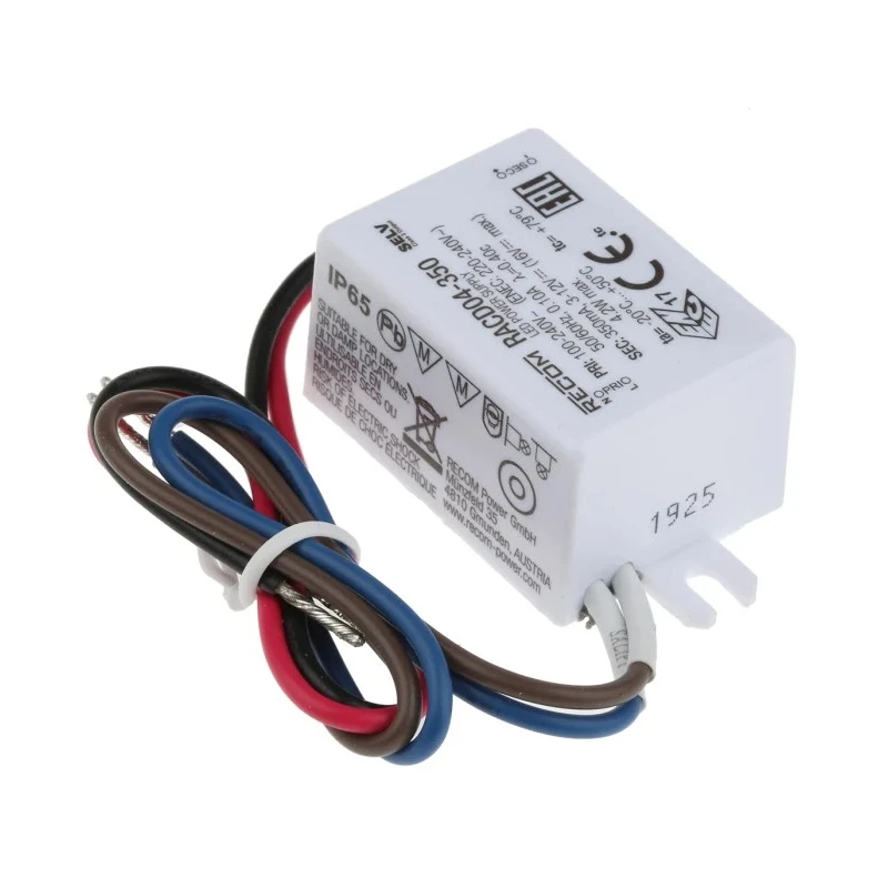Recom IP65 Enclosed Single Output LED Driver, AC-DC 264V AC Input, 3-12V DC Output, 4.2W Power, 350mA Current RACD04-350