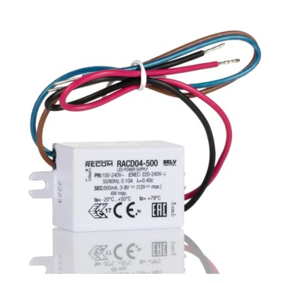 Recom IP65 1 Output LED Driver, 3 V DC to 8 V DC, 4 W, 500 mA Constant Current, AC-DC Enclosed RACD04-500