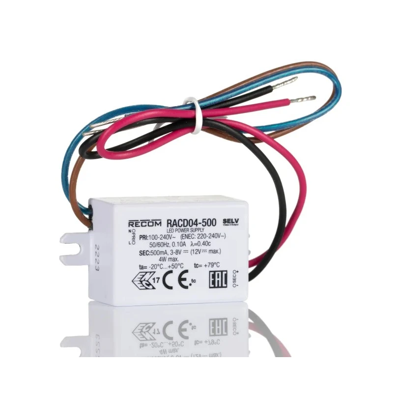 Recom IP65 1 Output LED Driver, 3 V DC to 8 V DC, 4 W, 500 mA Constant Current, AC-DC Enclosed RACD04-500