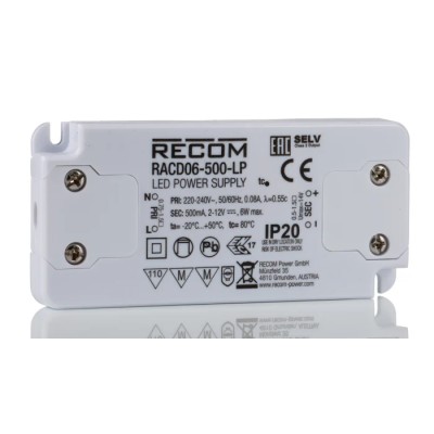 Recom IP20 1 Output Enclosed Constant Current LED Driver, 12V DC, 2V DC, 6W, 500mA RACD06-500-LP
