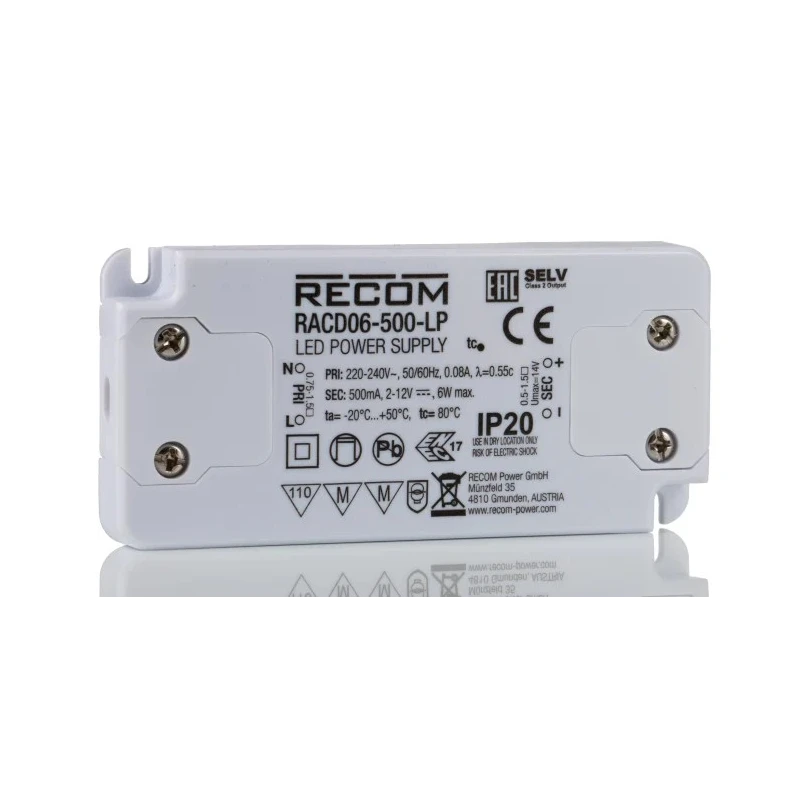 Recom IP20 1 Output Enclosed Constant Current LED Driver, 12V DC, 2V DC, 6W, 500mA RACD06-500-LP