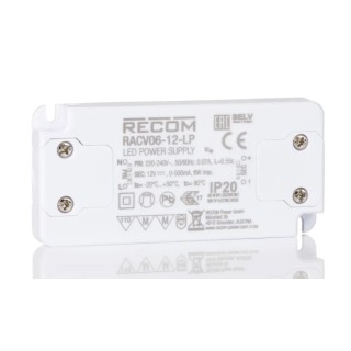 Recom Enclosed IP20 Rated 1 Output LED Driver, 12V DC, 6W Power, 500mA Current, RACV06-12-LP