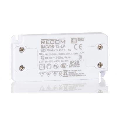 Recom Enclosed IP20 Rated 1 Output LED Driver, 12V DC, 6W Power, 500mA Current, RACV06-12-LP