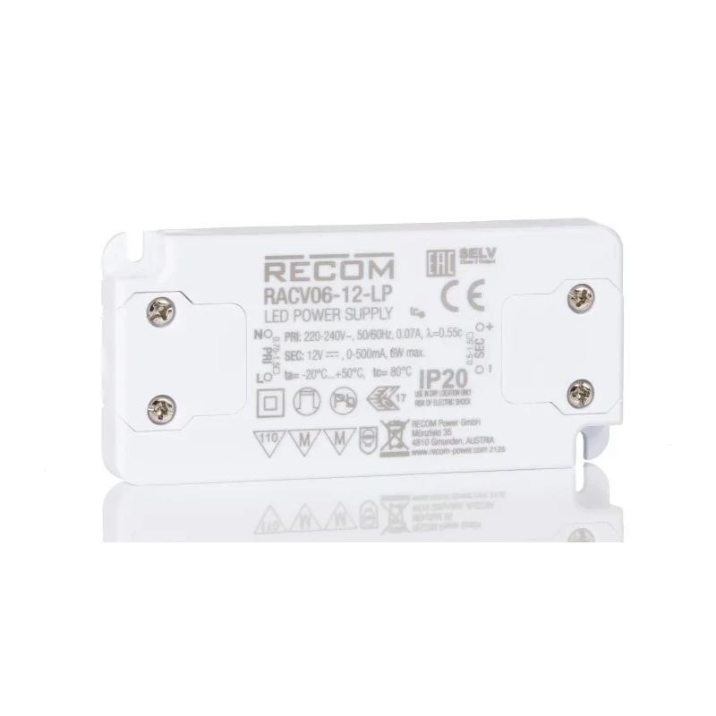 Recom Enclosed IP20 Rated 1 Output LED Driver, 12V DC, 6W Power, 500mA Current, RACV06-12-LP