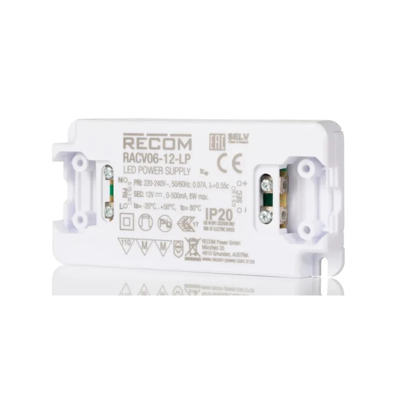 Recom Enclosed IP20 Rated 1 Output LED Driver, 12V DC, 6W Power, 500mA Current, RACV06-12-LP