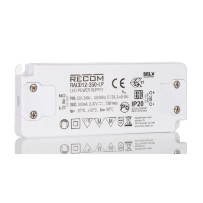 Recom IP20 1 Output LED Driver 2V-37V DC 13W 350mA Constant Current RACD12-350-LP