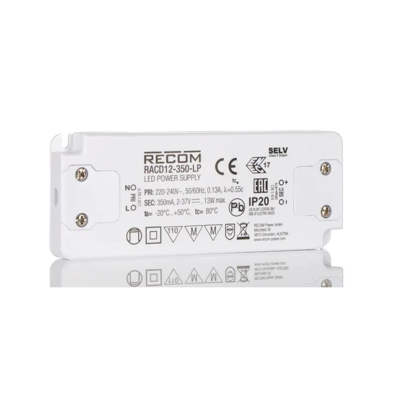Recom IP20 1 Output LED Driver 2V-37V DC 13W 350mA Constant Current RACD12-350-LP