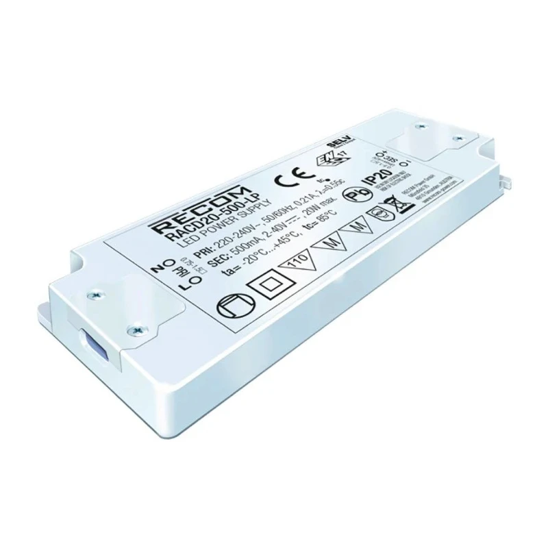 Recom Enclosed AC-DC Constant Current LED Driver 2-40 V DC Output 20 W Power 500 mA Driver Current IP20 RACD20-500-LP