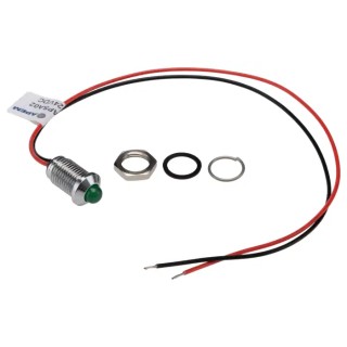 RS PRO Green Panel Mount Indicator 24V DC 20mA Lead Wire Termination IP67 Prominent Bezel 132-9109
