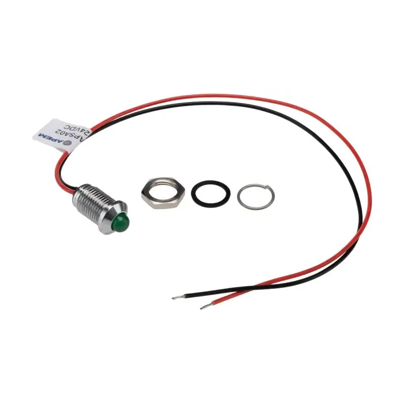 RS PRO Green Panel Mount Indicator 24V DC 20mA Lead Wire Termination IP67 Prominent Bezel 132-9109