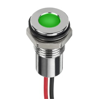 RS PRO Green Panel Mount Indicator 12V dc 20mA Lead Wire Termination IP67 Flush Silver Bezel 132-9119