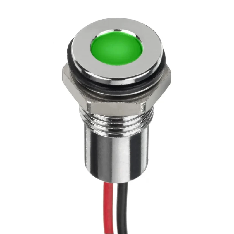 RS PRO Green Panel Mount Indicator 12V dc 20mA Lead Wire Termination IP67 Flush Silver Bezel 132-9119