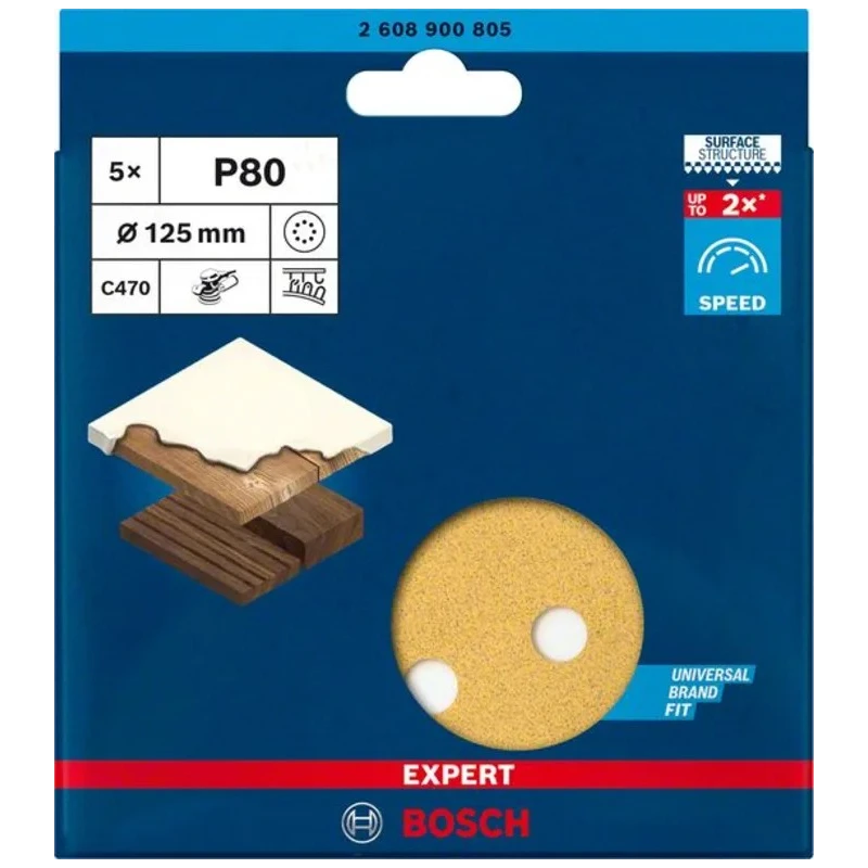 Bosch Aluminium Oxide Abrasive Disc 125 mm Medium Grade P80 Grit, Pack of 5 2608900805
