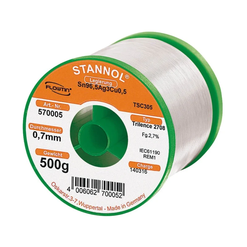 Stannol Lead Free Solder Wire 0.7 mm Diameter 217 °C Melting Point 500g Weight 570005