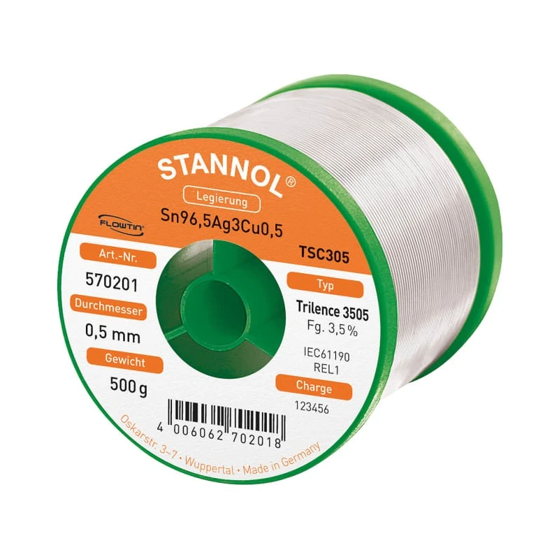 Stannol Lead Free Solder Wire 0.5 mm Diameter, 217 °C Melting Point, Halide Activated Resin Flux 570201