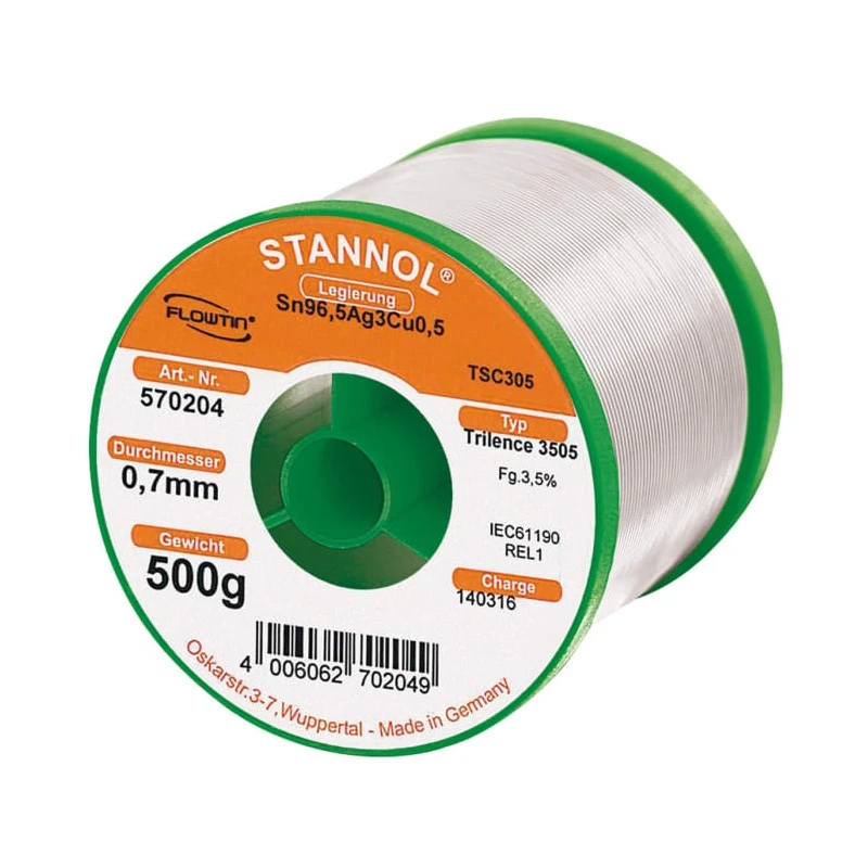Stannol Lead Free Solder Wire 0.7 mm Diameter, 217°C Melting Point, Halide Activated Resin Flux 570204