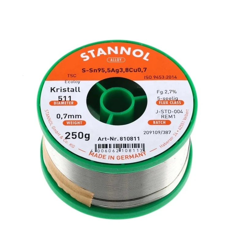 Stannol Lead Free Solder Wire 0.7 mm Diameter 217°C Melting Point Rosin Flux 250g 810811
