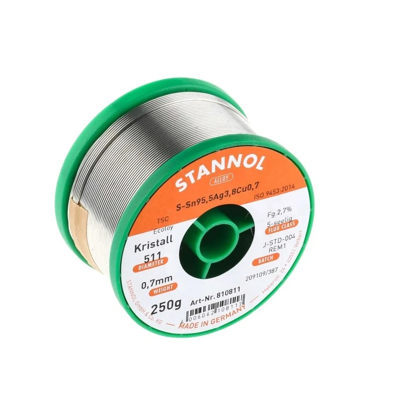 Stannol Lead Free Solder Wire 0.7 mm Diameter 217°C Melting Point Rosin Flux 250g 810811