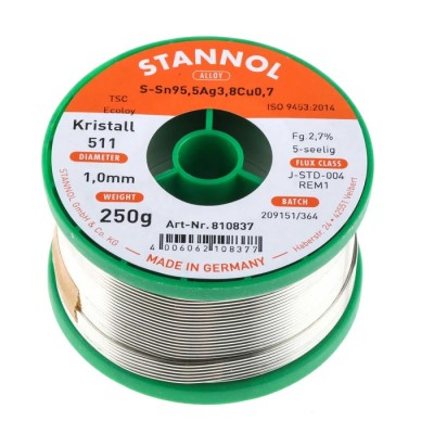 Stannol 1 mm Lead Free Solder Wire, 217°C Melting Point, Rosin Flux Type, 250g 810837