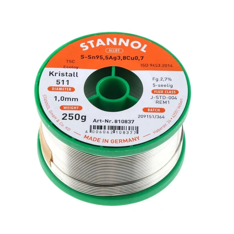 Stannol 1 mm Lead Free Solder Wire, 217°C Melting Point, Rosin Flux Type, 250g 810837