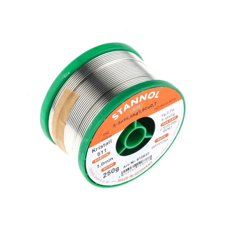 Stannol 1 mm Lead Free Solder Wire, 217°C Melting Point, Rosin Flux Type, 250g 810837