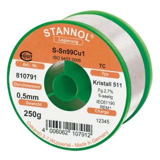 Stannol Lead Free Solder Wire 0.5 mm Diameter, 227 °C Melting Point, Rosin Flux, 250g Germany 810791