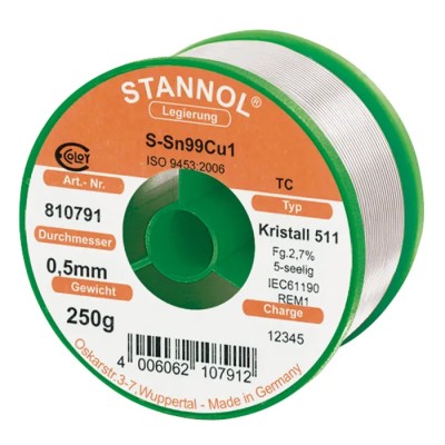 Stannol Lead Free Solder Wire 0.5 mm Diameter, 227 °C Melting Point, Rosin Flux, 250g Germany 810791