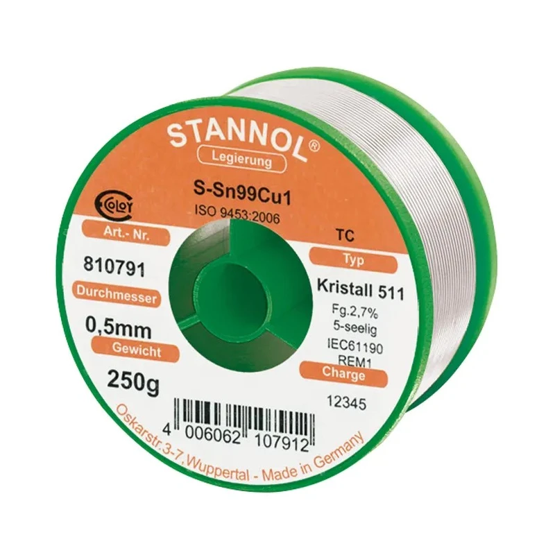 Stannol Lead Free Solder Wire 0.5 mm Diameter, 227 °C Melting Point, Rosin Flux, 250g Germany 810791