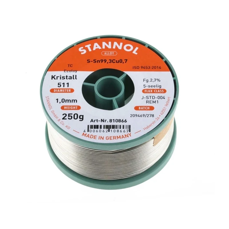 Stannol Lead Free Solder Wire 1 mm Diameter Rosin Flux 227°C Melting Point 250g 810866