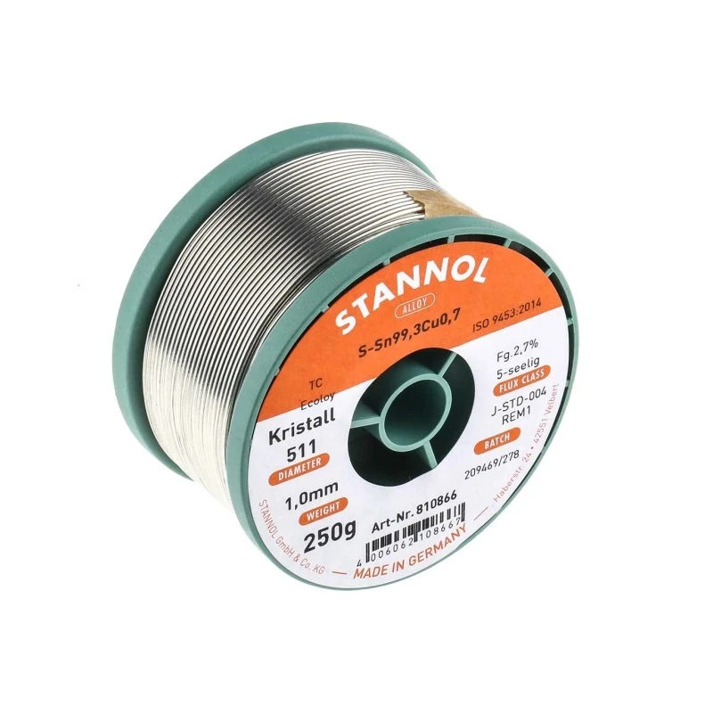 Stannol Lead Free Solder Wire 1 mm Diameter Rosin Flux 227°C Melting Point 250g 810866