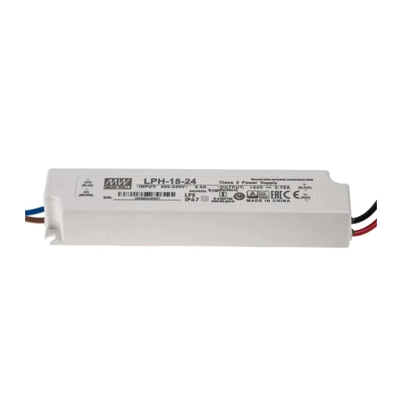 MEAN WELL Enclosed IP67 Rated LED Driver 24V, 18 W, 0.75A Constant Voltage 